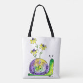 黄色お洒落い花が咲く、かわいいハッピースカタツムリ トートバッグ (裏面)