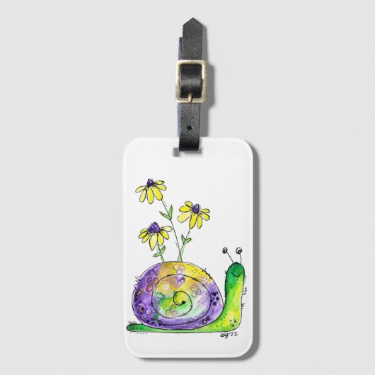 黄色お洒落い花が咲く、かわいいハッピースカタツムリ ラゲッジタグ (正面縦)