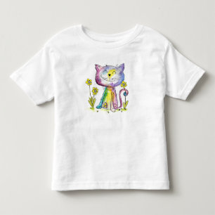 黄色お洒落い花を持つかわいい幸せな猫 トドラーTシャツ