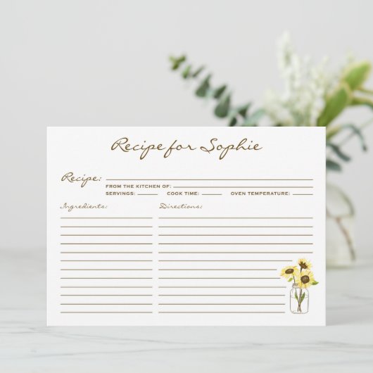 黄色お洒落のヒマワリのメイスンジャーレシピカード (スタンド正面)