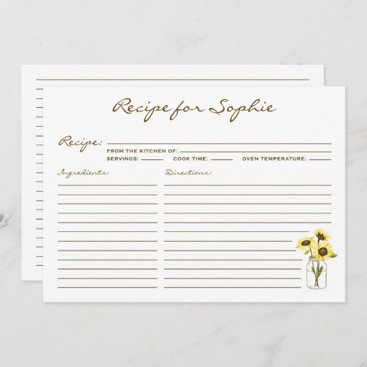 黄色お洒落のヒマワリのメイスンジャーレシピカード (正面/裏面)