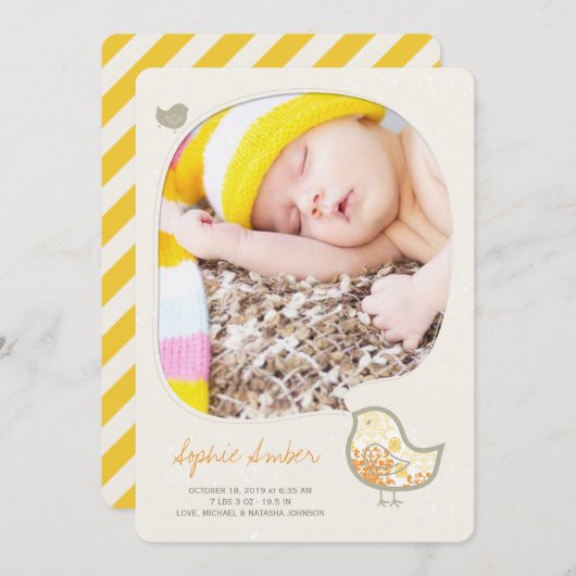 黄色お洒落の雛の誕生発表 案内状 (正面/裏面)