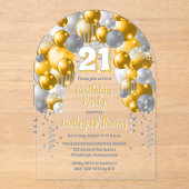 黄色お祝いバルーン21日パーティー アクリル招待状 (正面)