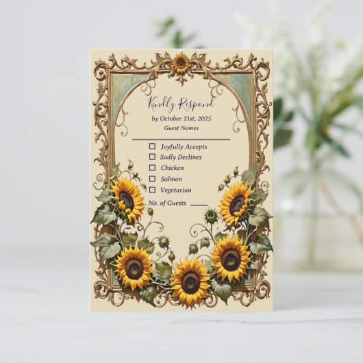 黄色かわいらしいヒマワリ結婚と枠 出欠カード (スタンド正面)