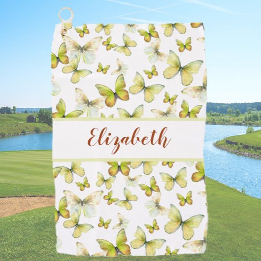 黄色かわいらしい蝶と名前をカスタムする ゴルフタオル