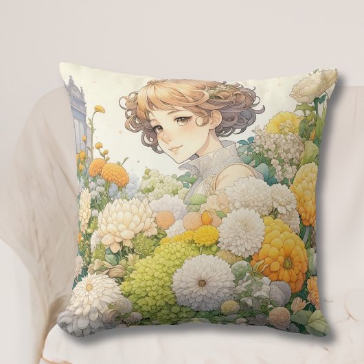 黄色かわいらしと白の花を咲かせるアニメの少女 クッション