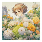 黄色かわいらしと白の花を咲かせるアニメの少女 ポスター (正面)