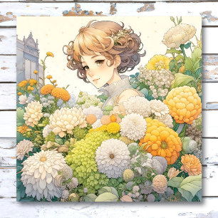 黄色かわいらしと白の花を咲かせるアニメの少女 ポスター