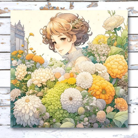 黄色かわいらしと白の花を咲かせるアニメの少女 ポスター