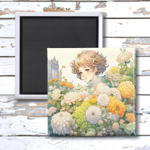 黄色かわいらしと白の花を咲かせるアニメの少女 マグネット
