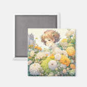 黄色かわいらしと白の花を咲かせるアニメの少女 マグネット (正面/裏面)
