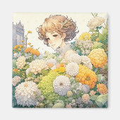 黄色かわいらしと白の花を咲かせるアニメの少女 マグネット (正面)