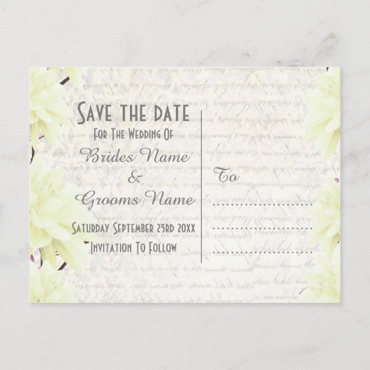 黄色かわいらしの淡い色のフローラは日付を保存 案内ポストカード (裏面)