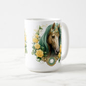 黄色かわいらしバラと金ゴールド枠を備えた馬 コーヒーマグカップ (正面右)