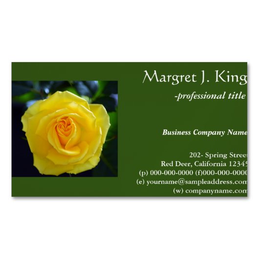 黄色かわいらしバラ花緑の名刺。 マグネット名刺 (正面)