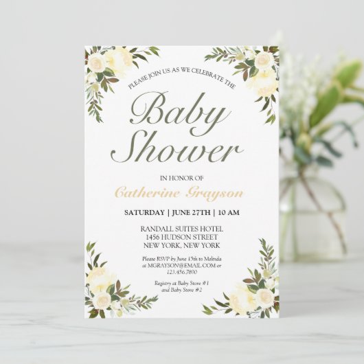 黄色かわいらしフローラ男女兼用赤ちゃんシャワー 招待状 (スタンド正面)