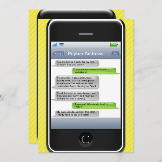 黄色か黒く頭が切れるな電話iParty誕生会 招待状 (正面/裏面)