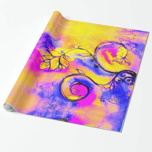 黄色がかった青いピンクの花お洒落のファンタジーフローラ ラッピングペーパー (アンロールド)