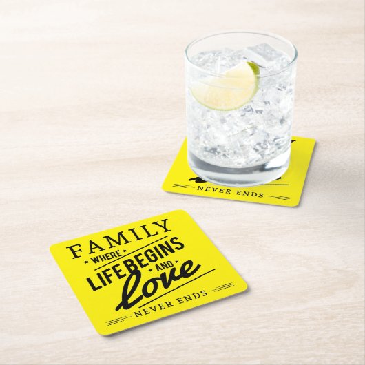 黄色く感動的なタイポグラフィ家族の引用文 スクエアペーパーコースター (インサイチュ)