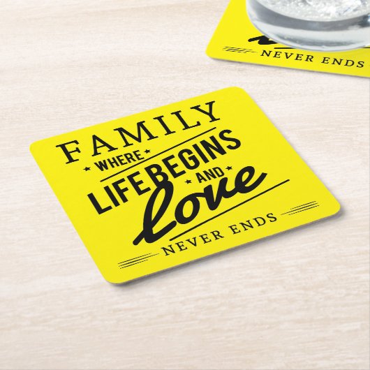 黄色く感動的なタイポグラフィ家族の引用文 スクエアペーパーコースター (アングル)