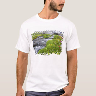 黄色く白いピンクの野生の花が付いているぼやけた川 Tシャツ
