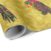 黄色く赤い青緑の金ゴールドホイルのオウム ラッピングペーパー (ロールコーナー)