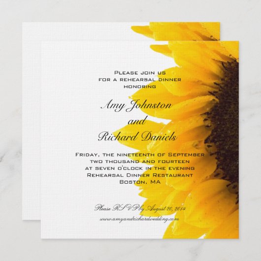 黄色く黒いヒマワリのリハーサルの夕食の招待状 招待状 (正面/裏面)