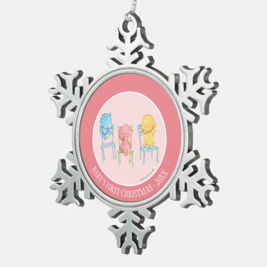 黄色く、ピンク、青椅子に関係します スノーフレークピューターオーナメント (右)