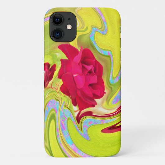 黄色とアクアの渦巻きに抽象的な赤いバラ Case-Mate iPhoneケース (裏面)