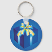 黄色とアクアリボンの青いギフトボックス キーホルダー (正面)