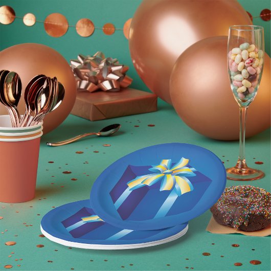 黄色とアクアリボンの青いギフトボックス ペーパープレート