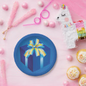 黄色とアクアリボンの青いギフトボックス ペーパープレート (パーティー)