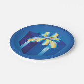 黄色とアクアリボンの青いギフトボックス ペーパープレート (アングル)