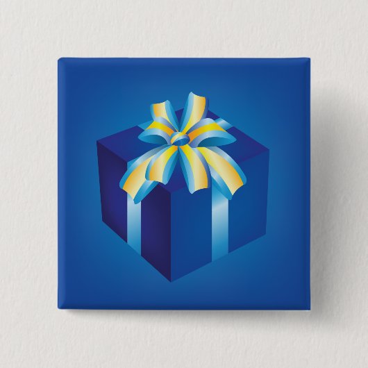 黄色とアクアリボンの青いギフトボックス 缶バッジ (正面)