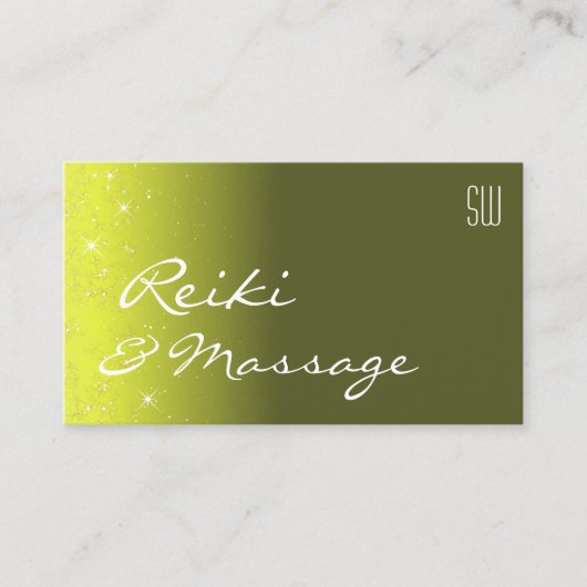 黄色とオリーブ緑のグリッター星とイニシャル 名刺 (正面)
