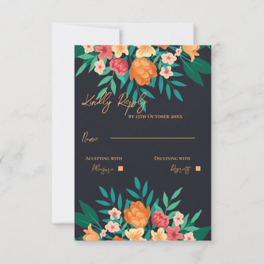 黄色とオレンジのフローラの水色のスクリプト結婚の 出欠カード (正面)