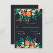 黄色とオレンジのフローラの水色のスクリプト結婚の 出欠カード (正面/裏面)