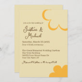 黄色とオレンジのレトロな花のウェディング 招待状 (正面/裏面)