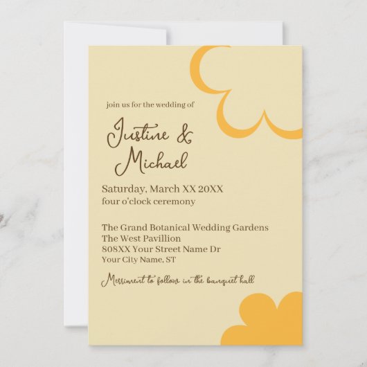 黄色とオレンジのレトロな花の結婚式 招待状 (正面)