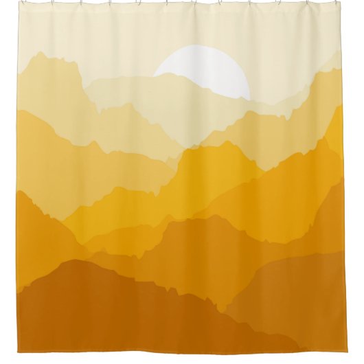 黄色とオレンジの山の日の出 シャワーカーテン (正面)