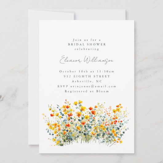黄色とオレンジの牧草地ワイルドフラワーブライダルシャワー 招待状 (正面)