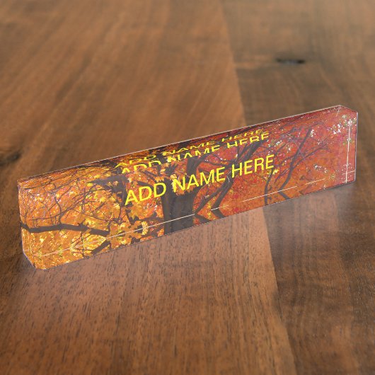黄色とオレンジの秋の葉の写真 デスクネームプレート (側面)