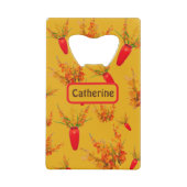 黄色とオレンジの花のパターンで黄色のモノグラム| クレジットカード栓抜き (正面)