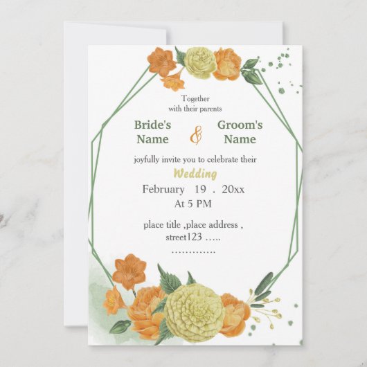 黄色とオレンジの花の緑の幾何結婚的な 招待状 (正面)