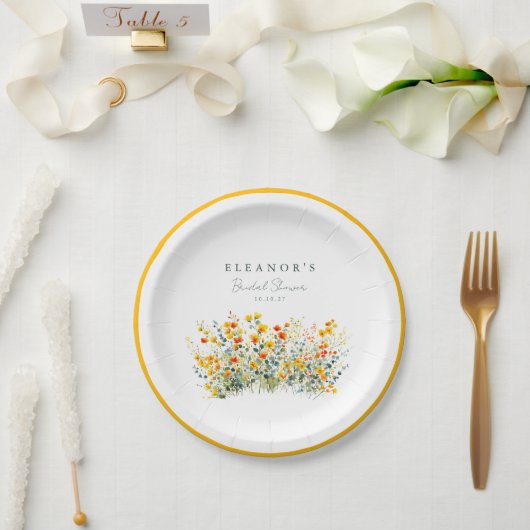 黄色とオレンジの草原の野の花 ブライダルシャワー ペーパープレート (ウェディング)