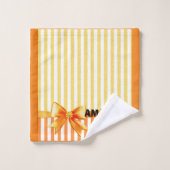 黄色とオレンジストライプ色のパーソナライズされたリボン バスタオルセット (ウォッシュタオル)