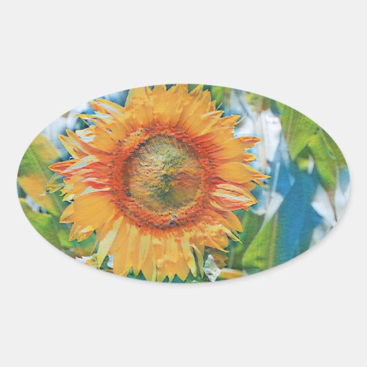 黄色とオレンジ色のひまわり絵画 楕円形シール (正面)