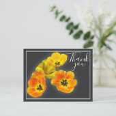 黄色とオレンジ色のチューリップ4本 グレー背景 ありがとう ポストカード (スタンド正面)