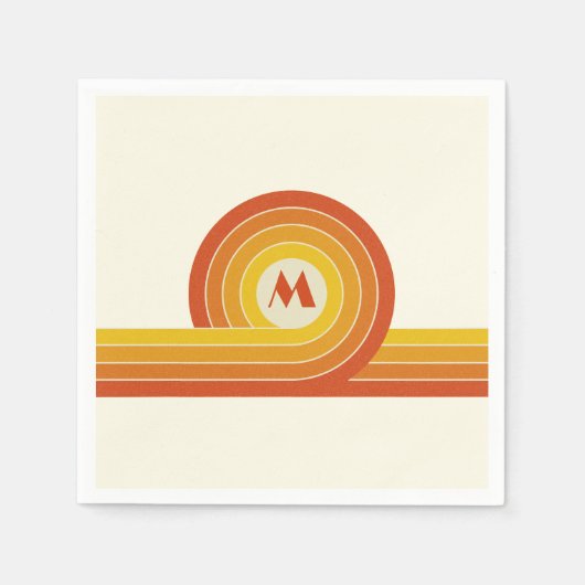 黄色とオレンジ色のレトロスタイルの円と線 スタンダードカクテルナプキン (正面)