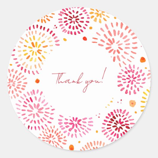 黄色とオレンジ色の可愛い水彩花火 ラウンドシール (正面)